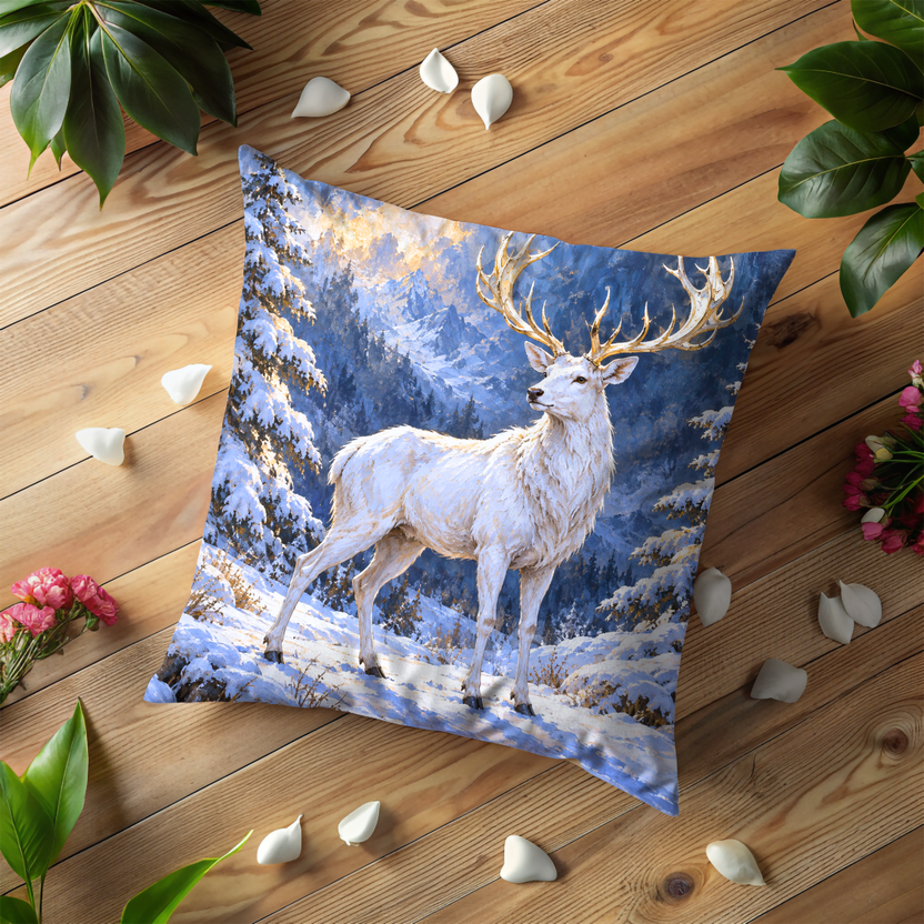 White Deer Pillow Cover | Snowy Sunrise Mountain