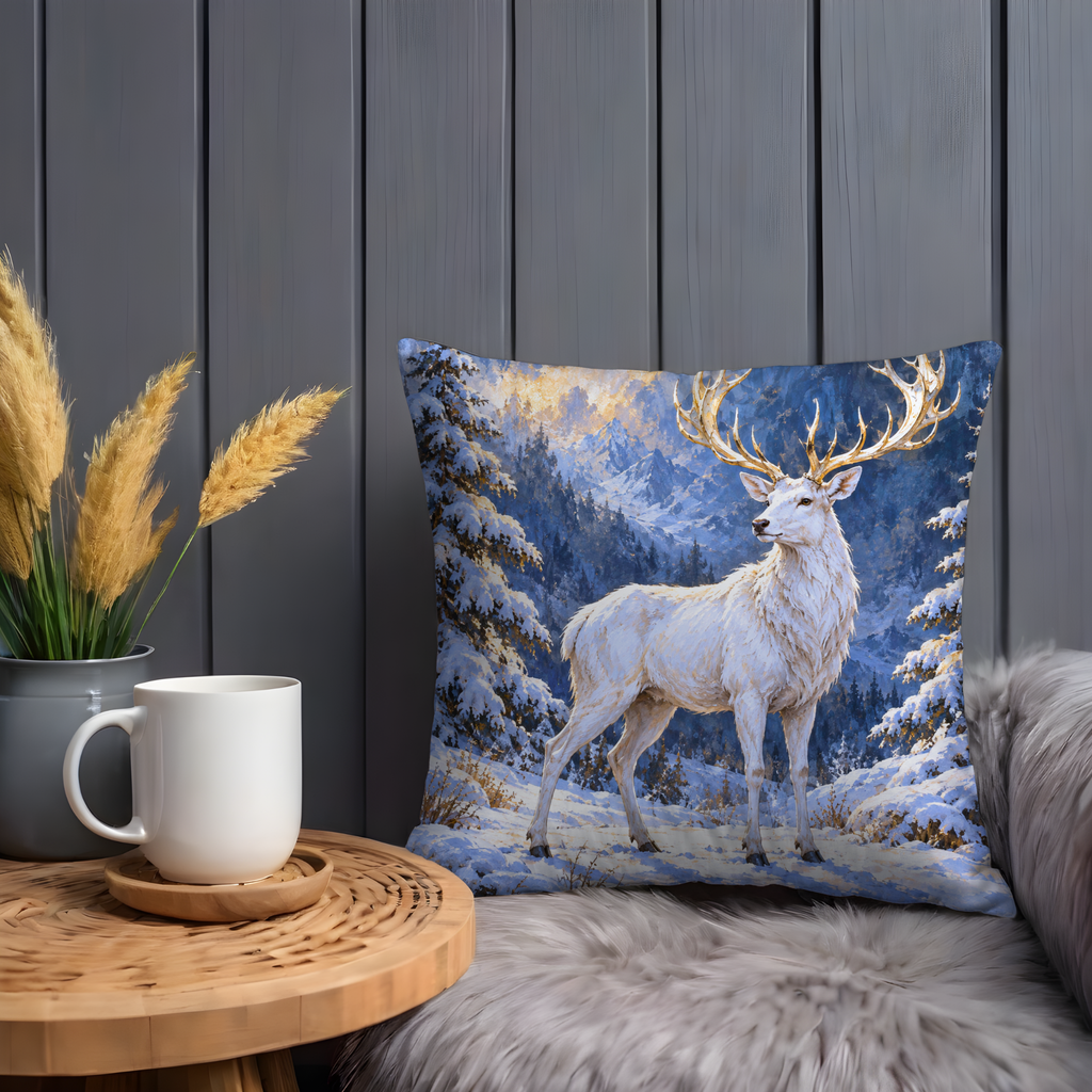 White Deer Pillow Cover | Snowy Sunrise Mountain
