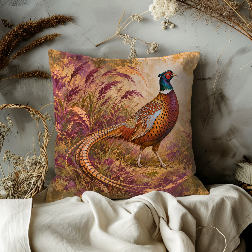 Male Pheasant Pillow Cover | Autumn Meadow of Tall Grasses and Wildflowers