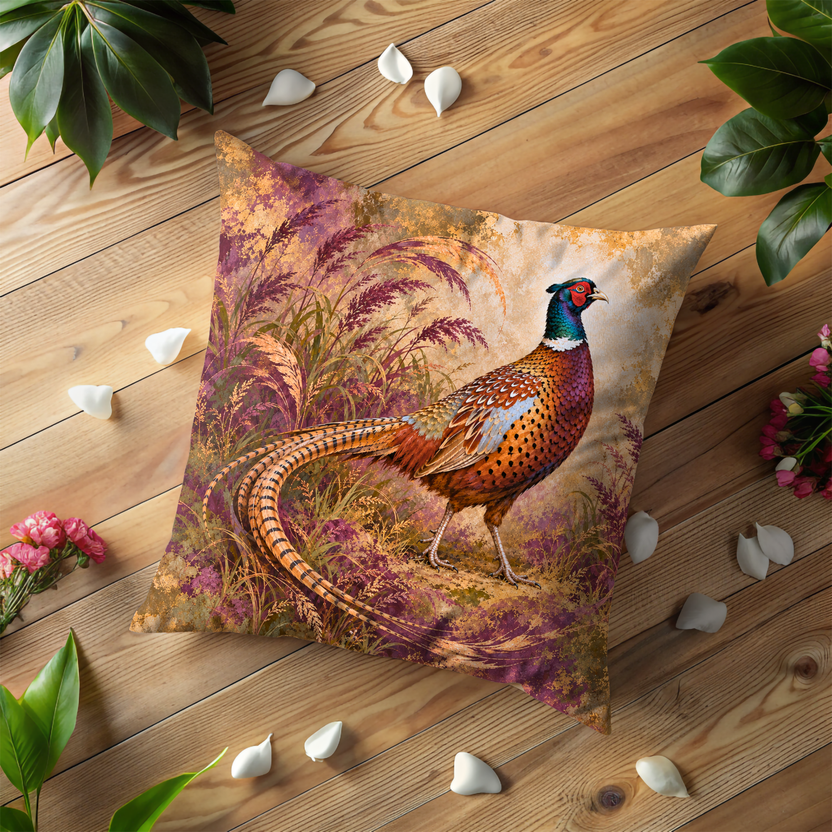 Male Pheasant Pillow Cover | Autumn Meadow of Tall Grasses and Wildflowers