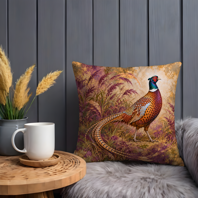 Male Pheasant Pillow Cover | Autumn Meadow of Tall Grasses and Wildflowers