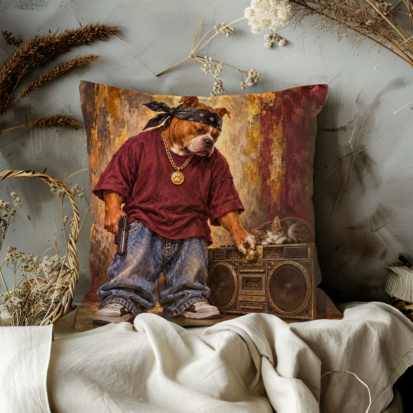 Anthropomorphic Bulldog Pillow Cover | Posing Beside a Boombox