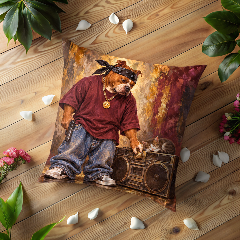 Anthropomorphic Bulldog Pillow Cover | Posing Beside a Boombox