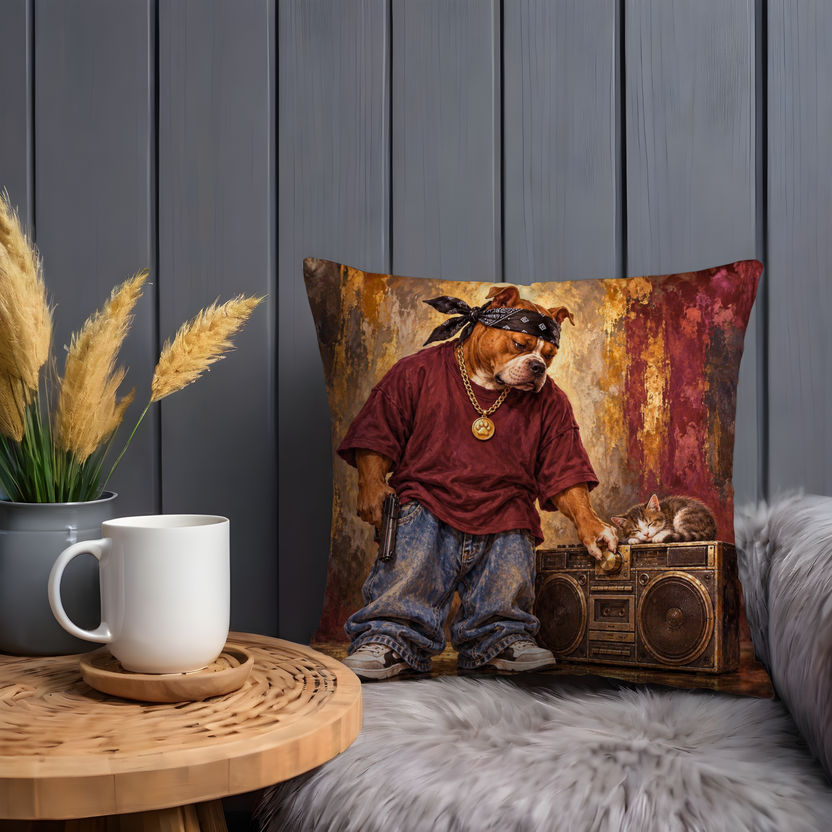 Anthropomorphic Bulldog Pillow Cover | Posing Beside a Boombox