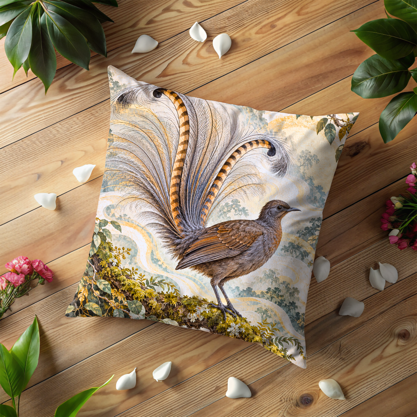 Lyrebird Pillow Cover | Woodland with Pale Painted Swirls