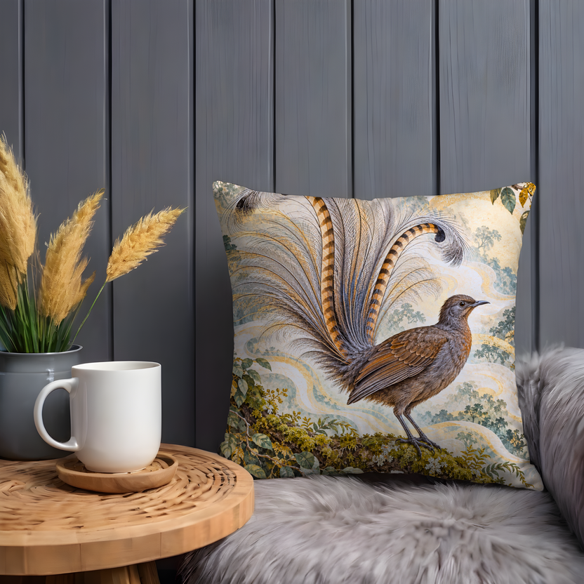 Lyrebird Pillow Cover | Woodland with Pale Painted Swirls