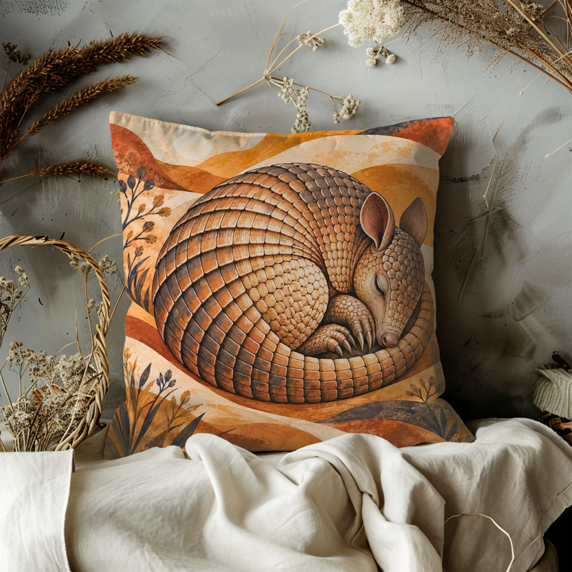 Armadillo Curled Up Sleeping Pillow Cover | Desert at Dusk