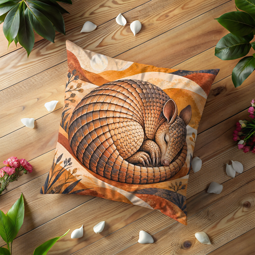 Armadillo Curled Up Sleeping Pillow Cover | Desert at Dusk