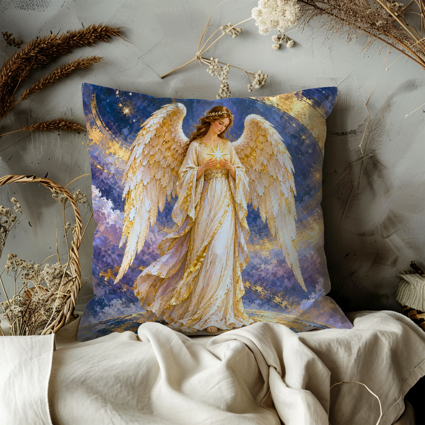 Angel Pillow Cover | With Large Wings Holding Glowing Star
