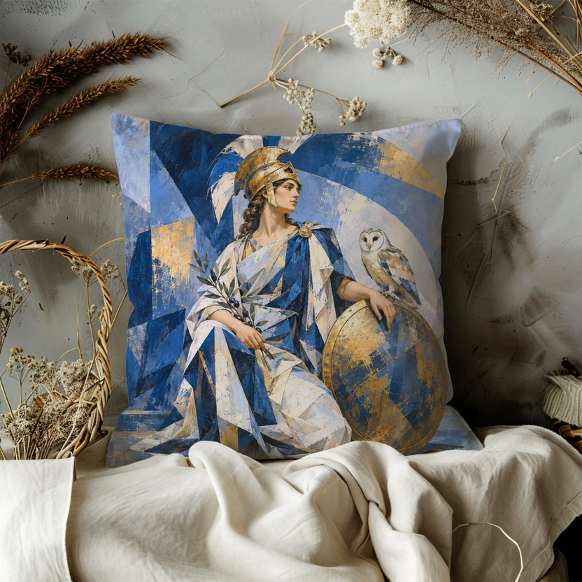 Athena with Owl Pillow Cover | Geometric Blue and Gold Planes