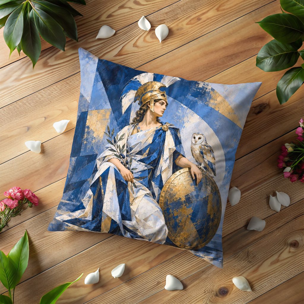 Athena with Owl Pillow Cover | Geometric Blue and Gold Planes