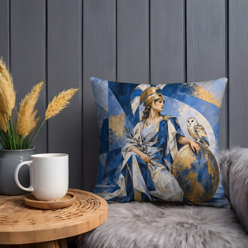 Athena with Owl Pillow Cover | Geometric Blue and Gold Planes