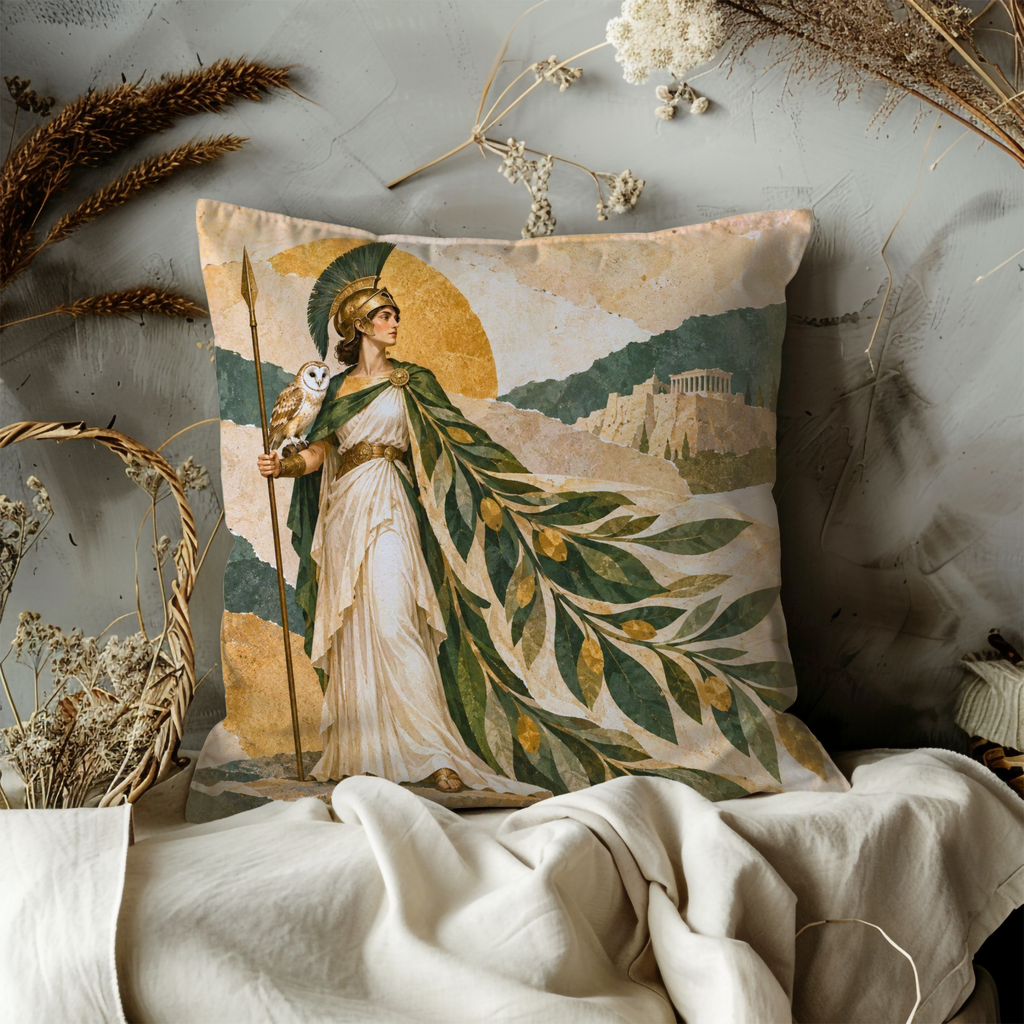 Goddess Athena Pillow Cover | Ancient Greek Landscape with Classical Architecture with owl and spear