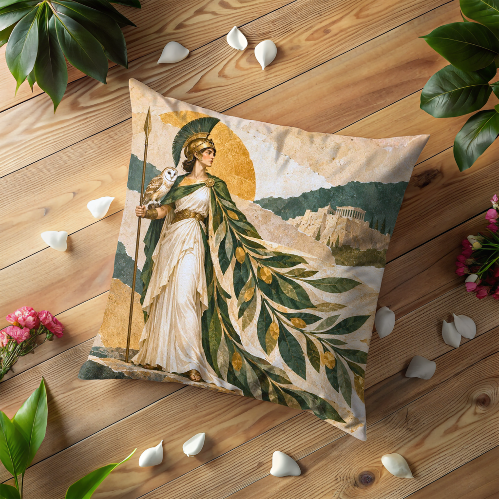 Goddess Athena Pillow Cover | Ancient Greek Landscape with Classical Architecture with owl and spear