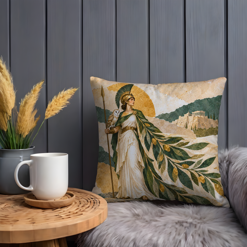 Goddess Athena Pillow Cover | Ancient Greek Landscape with Classical Architecture with owl and spear