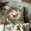 Wren Bird Perched Pine Branch Pillow Cover | Winter Nature Scene with an Abstract, Marbled Background