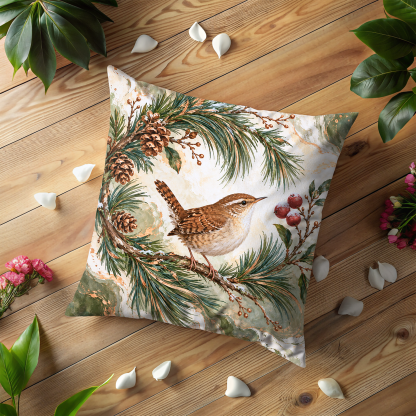 Wren Bird Perched Pine Branch Pillow Cover | Winter Nature Scene with an Abstract, Marbled Background