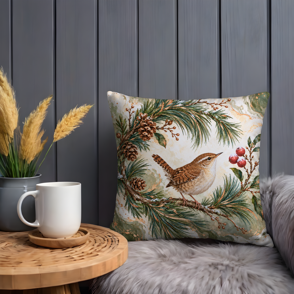 Wren Bird Perched Pine Branch Pillow Cover | Winter Nature Scene with an Abstract, Marbled Background