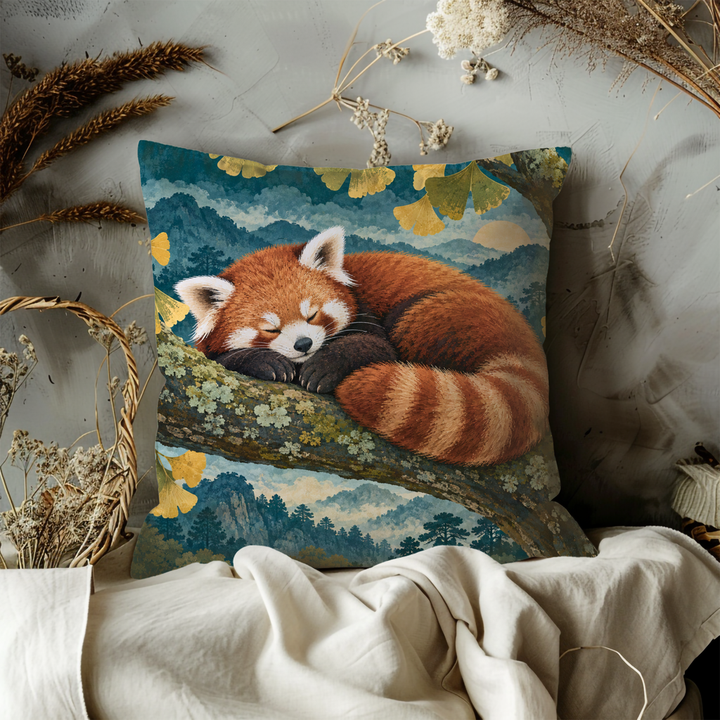 Red Panda Sleeping Tree Branch Pillow Cover | Forest at Sunrise