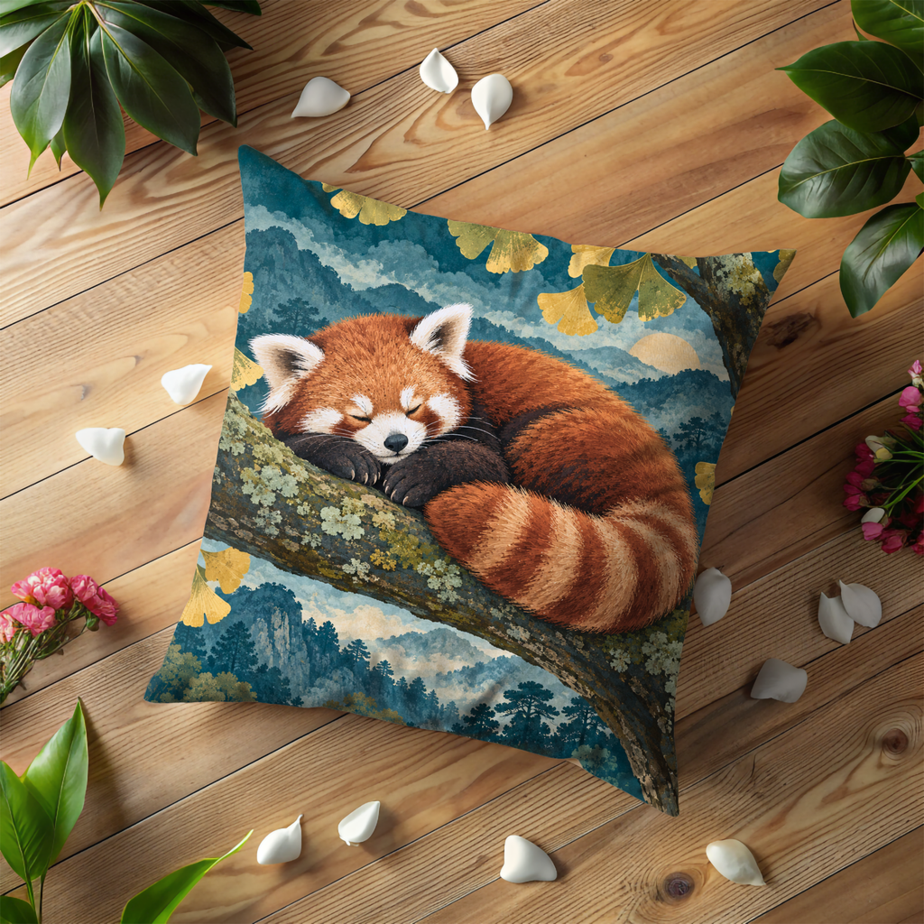 Red Panda Sleeping Tree Branch Pillow Cover | Forest at Sunrise