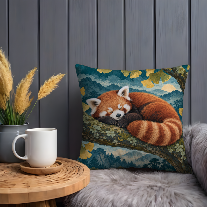 Red Panda Sleeping Tree Branch Pillow Cover | Forest at Sunrise