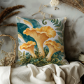 Golden Chanterelle Mushrooms Pillow Cover | Ferns and Swirling Botanical Foliage
