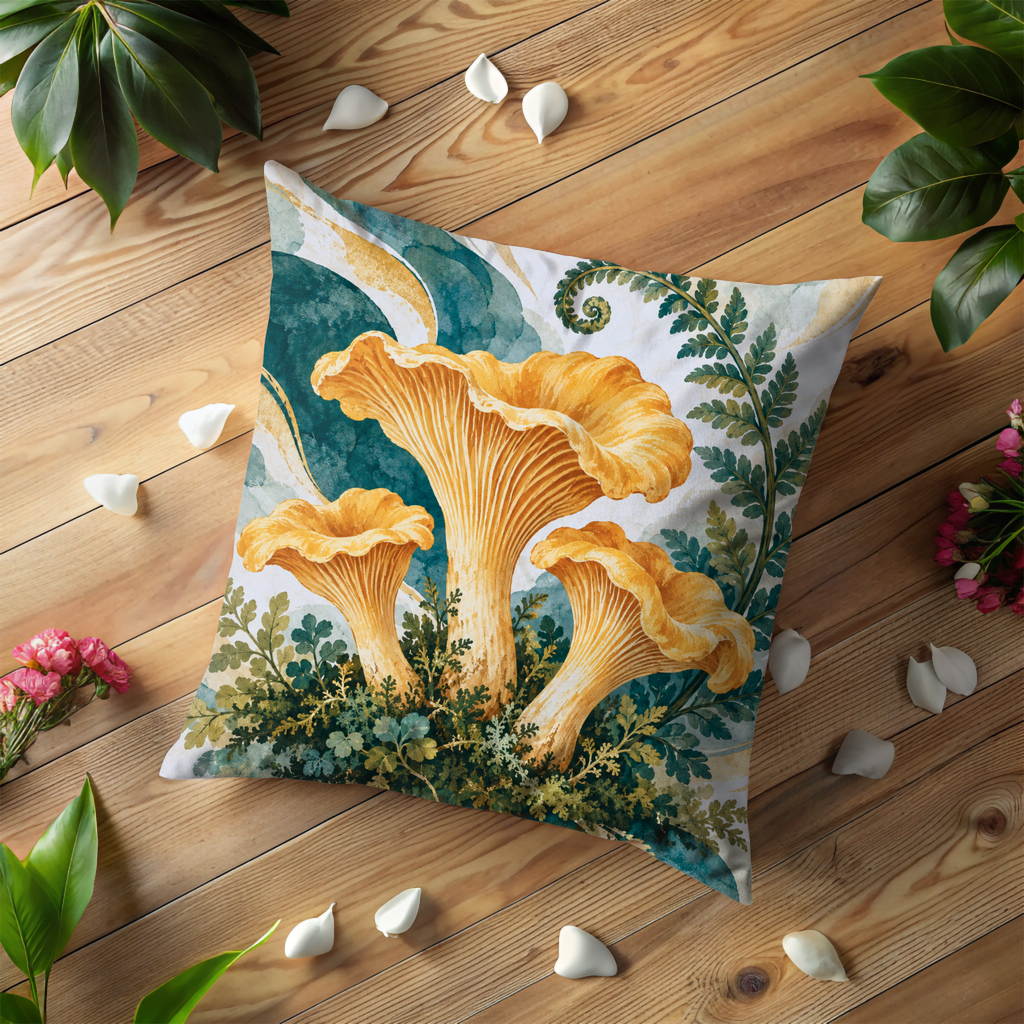 Golden Chanterelle Mushrooms Pillow Cover | Ferns and Swirling Botanical Foliage