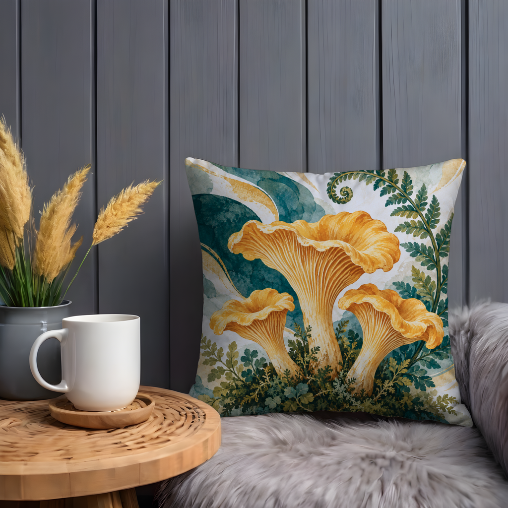 Golden Chanterelle Mushrooms Pillow Cover | Ferns and Swirling Botanical Foliage