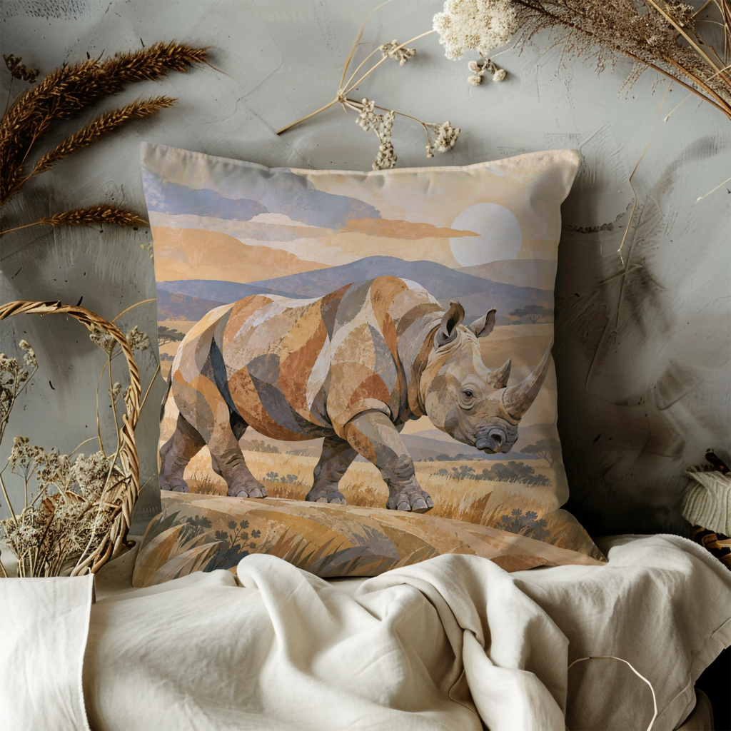 Two-horned Rhinoceros Pillow Cover | Golden Grassland Before Layered Mountains
