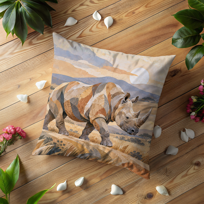 Two-horned Rhinoceros Pillow Cover | Golden Grassland Before Layered Mountains