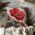 Red Poppy Flower Pillow Cover | Closed Green Bud on a Curved Stem Against Swirling Cream and Gray Brushwork
