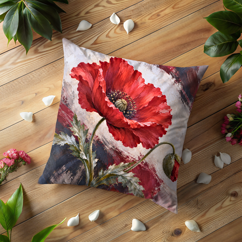 Red Poppy Flower Pillow Cover | Closed Green Bud on a Curved Stem Against Swirling Cream and Gray Brushwork