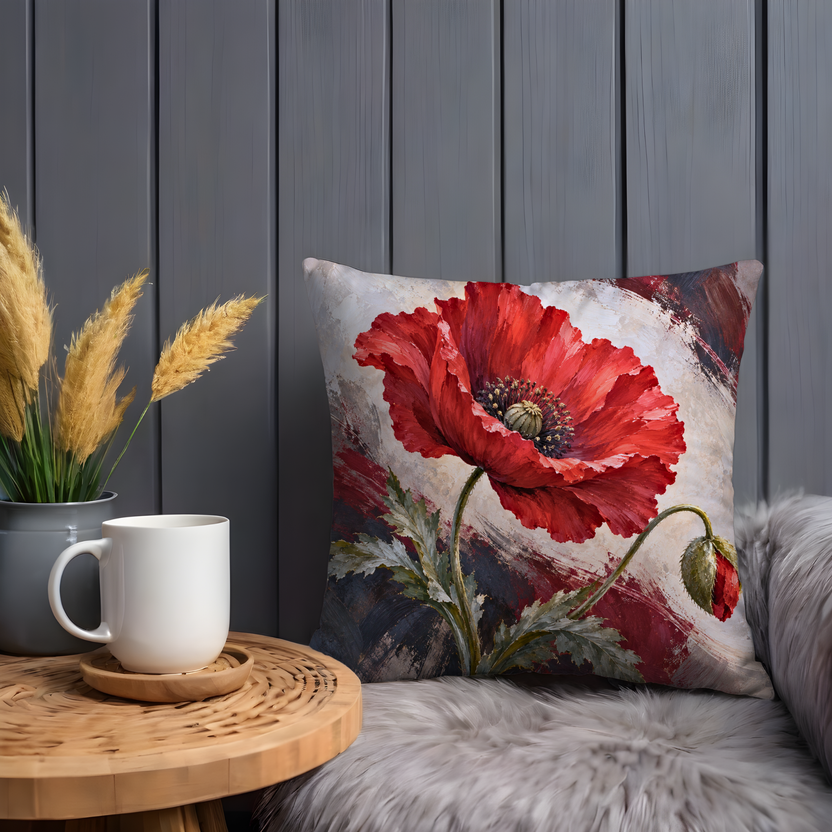 Red Poppy Flower Pillow Cover | Closed Green Bud on a Curved Stem Against Swirling Cream and Gray Brushwork