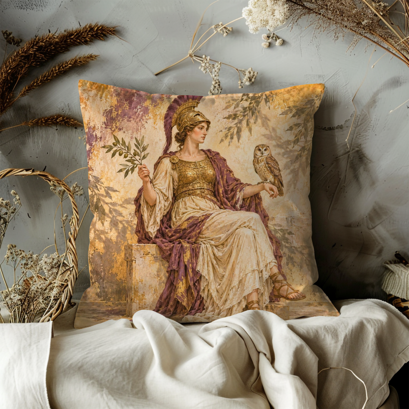Athena with Owl Pillow Cover | Gold and Cream Painted Background