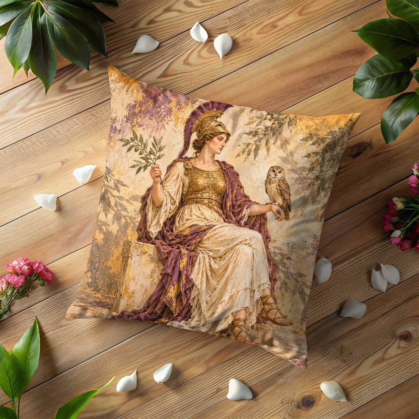 Athena with Owl Pillow Cover | Gold and Cream Painted Background
