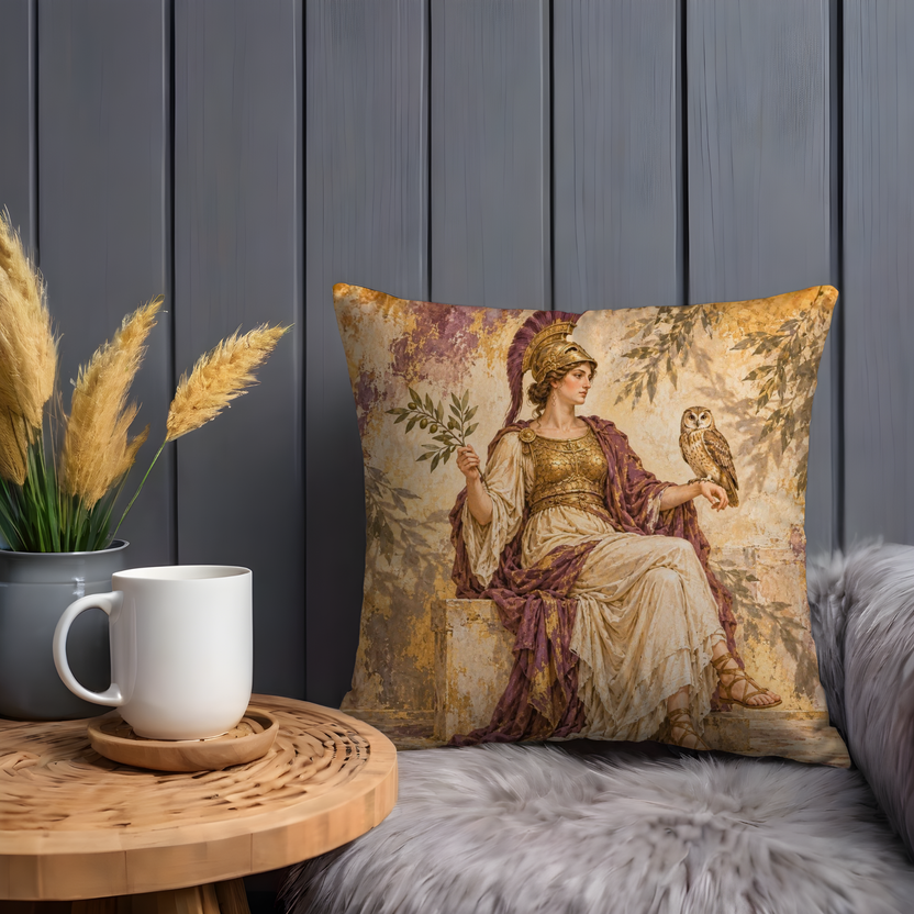 Athena with Owl Pillow Cover | Gold and Cream Painted Background