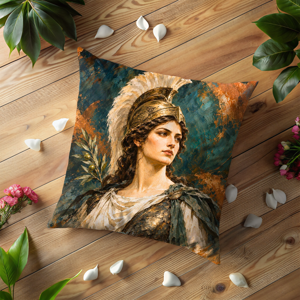 Athena with Owl Pillow Cover | Teal and Rust Painted Background