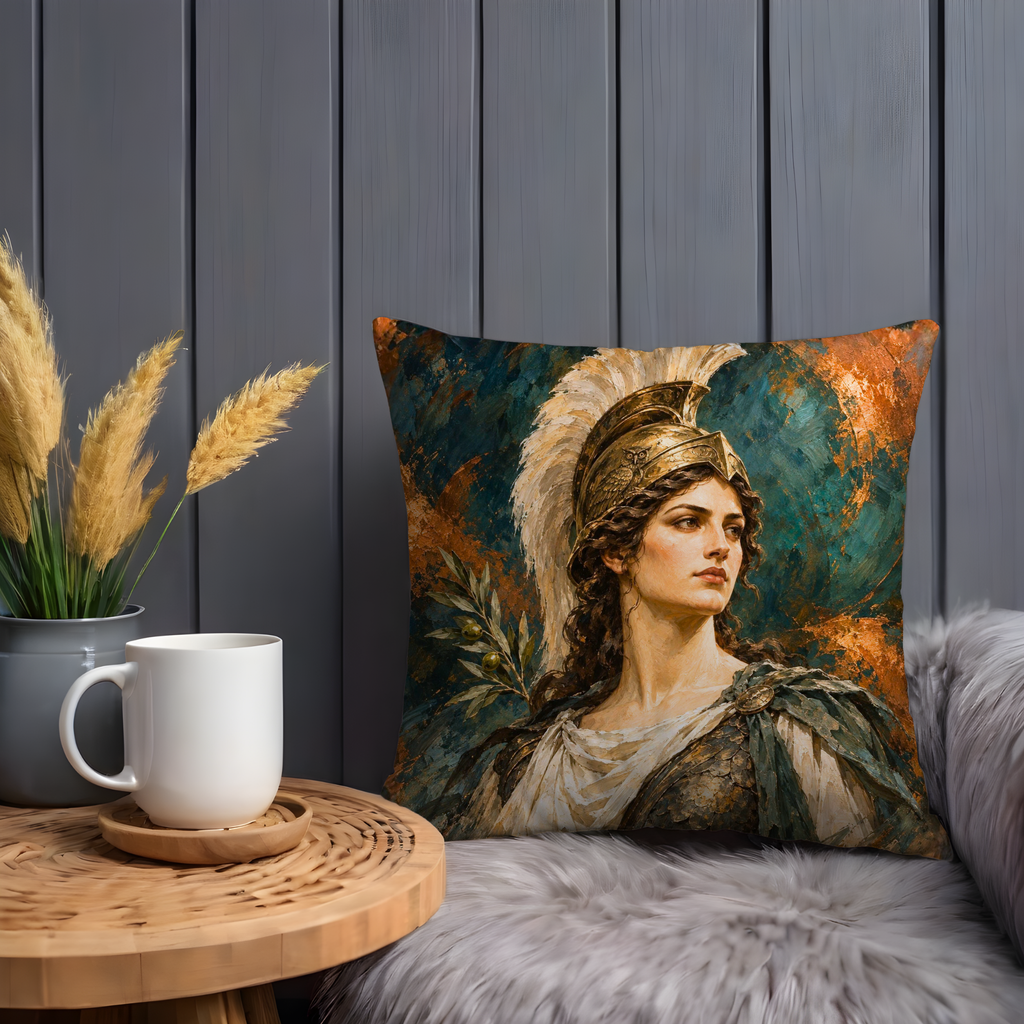 Athena with Owl Pillow Cover | Teal and Rust Painted Background