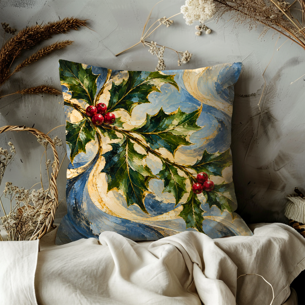 Holly Sprig with Berries Pillow Cover | Swirling Blue, Cream, and Gold Painted Backdrop