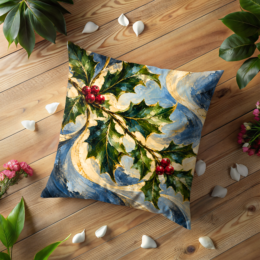 Holly Sprig with Berries Pillow Cover | Swirling Blue, Cream, and Gold Painted Backdrop