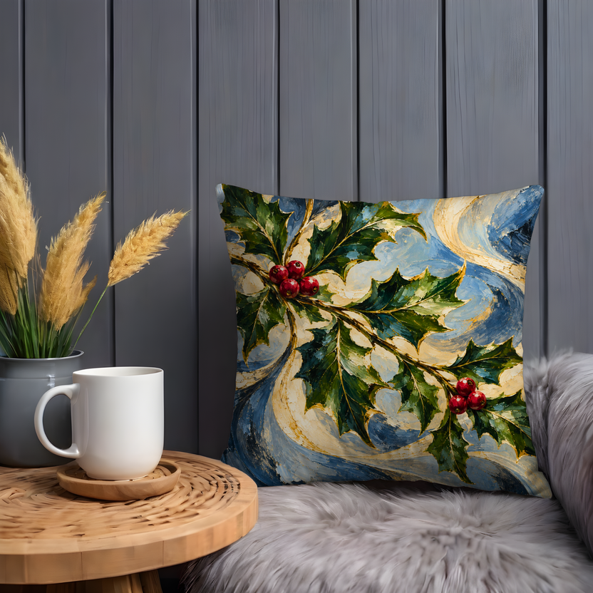Holly Sprig with Berries Pillow Cover | Swirling Blue, Cream, and Gold Painted Backdrop
