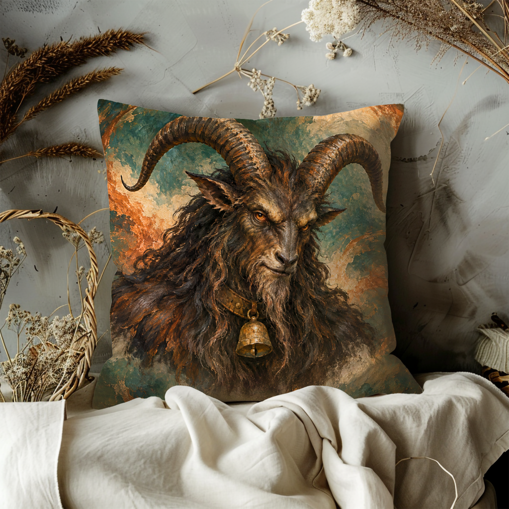 Krampus Pillow Cover | Swirling Teal and Rust Painted Background