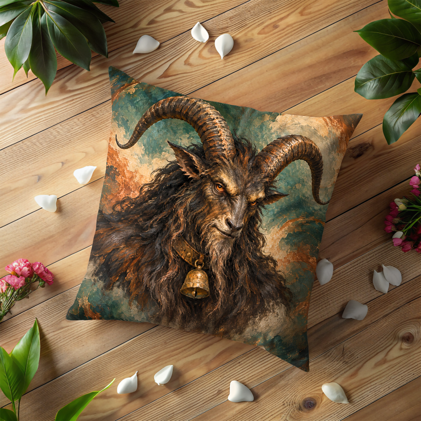Krampus Pillow Cover | Swirling Teal and Rust Painted Background