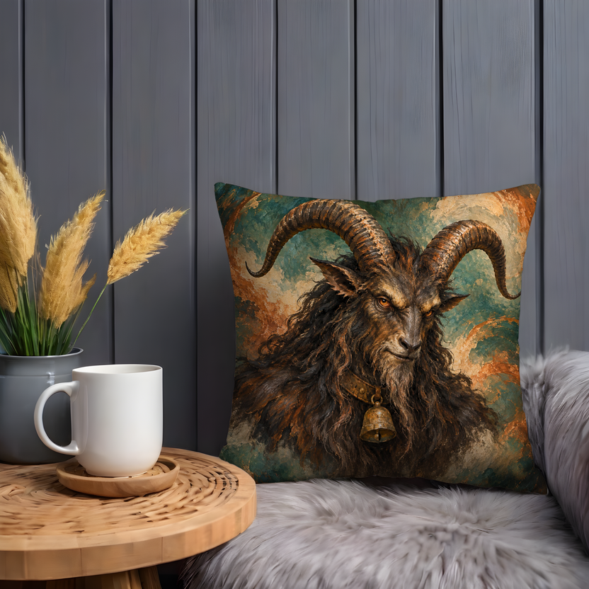 Krampus Pillow Cover | Swirling Teal and Rust Painted Background