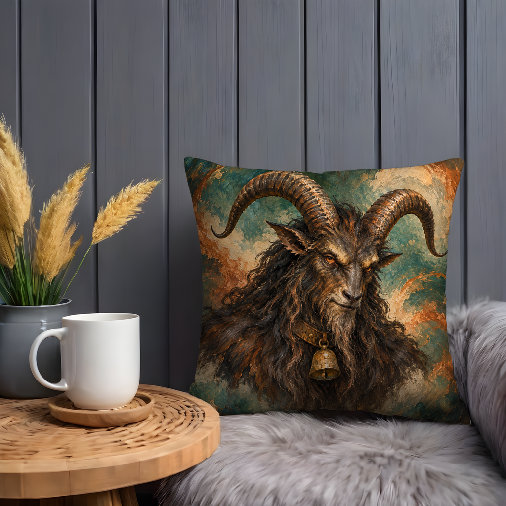 Krampus Pillow Cover | Swirling Teal and Rust Painted Background