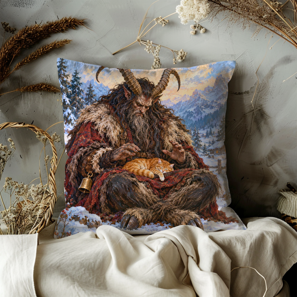 Krampus with Sleeping Cat Pillow Cover | Snowy Mountain Woodland Beside a Wooden Cabin