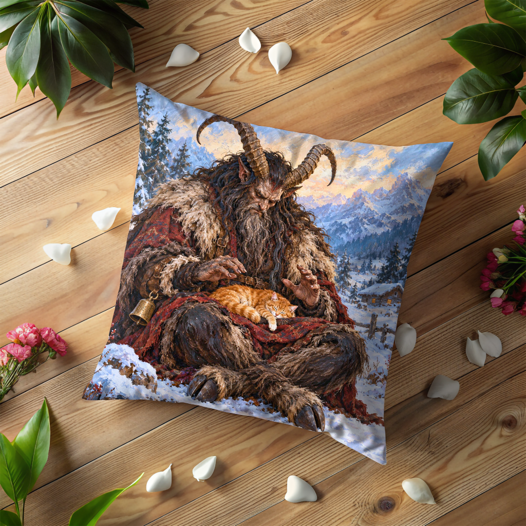 Krampus with Sleeping Cat Pillow Cover | Snowy Mountain Woodland Beside a Wooden Cabin