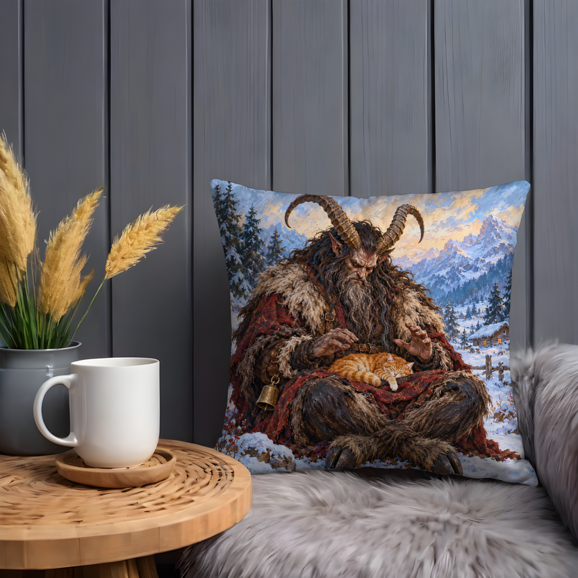 Krampus with Sleeping Cat Pillow Cover | Snowy Mountain Woodland Beside a Wooden Cabin