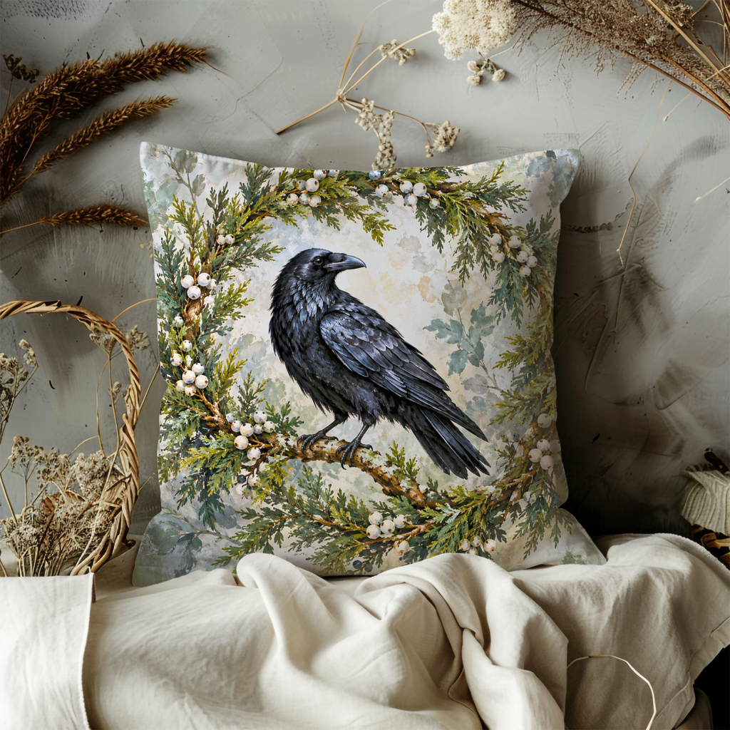 Black Raven Pillow Cover | Circular Wreath of Green Foliage and Small Yellow Flowers