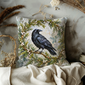 Black Raven Pillow Cover | Circular Wreath of Green Foliage and Small Yellow Flowers